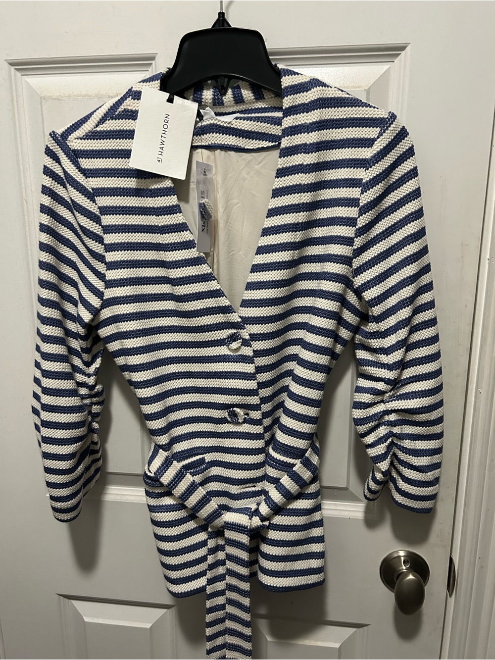 41 Hawthorn Navy and White Striped Belted Knit Blazer